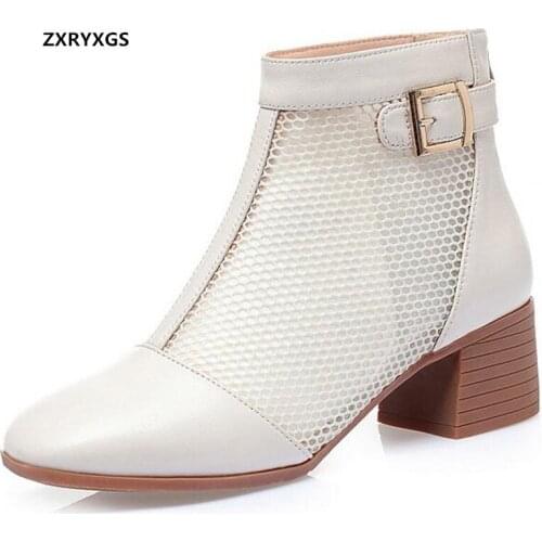2021 New Round Toe Top Soft Cowhide Mesh Summer Boots Summer Womans Sandals Thick Heel Large Size Trendy Shoes Fashion Sandals