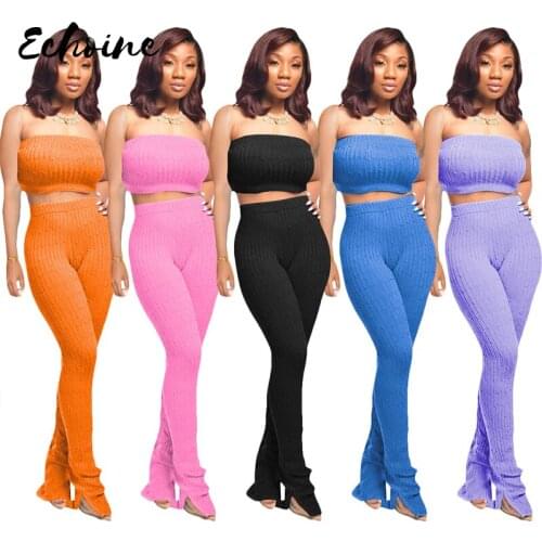 Women Knitted Sweater Two Pieces Sets Tracksuits Sleeveless Strapless Crop Tops Split Wide Leg Pants Suit Sporty Fitness Outfits