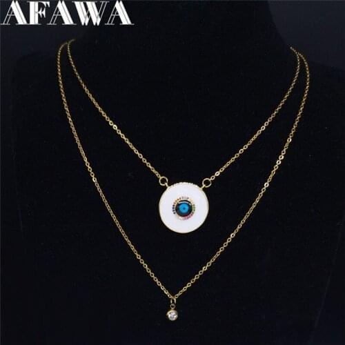 2pcs Zircon Copper Stainless Steel Islam Turkish Eye Necklace Double Layer Chain Necklace Gold Color Jewelry colier NC41S02