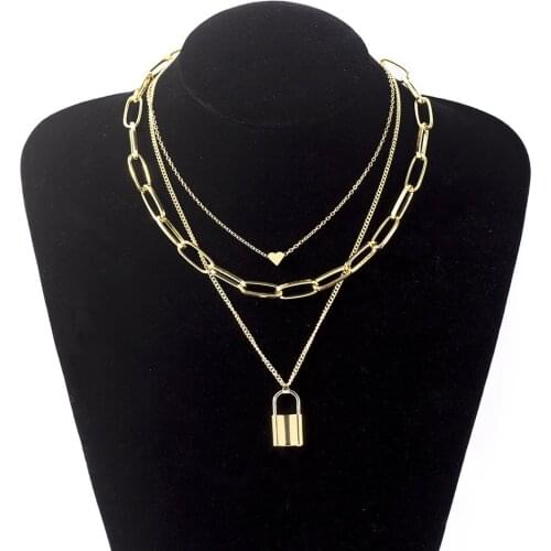 2020 Wholesale Vintage Multilayer Peach Heart Lock Necklace for Women Gold Silver Color Statement Collar Jewelry