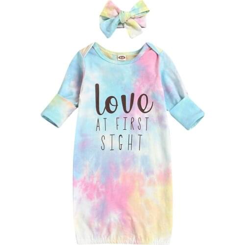 2021 Spring Autumn Baby Girl Long Sleeve One-piece Pajama Suit Clothing Fashion Tie Dye Girls Dress + Hairband Homewear Clothes
