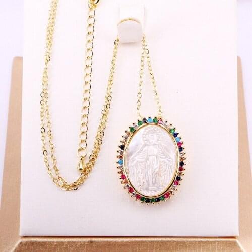 3PCS, Micro Pave Colorful Top Quality CZ Crystal and Mary / Jesus Shell Pendant Jewelry Necklaces