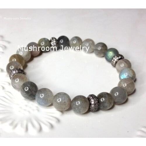 Labradorite Stretch Stack Beaded Bracelet,Pave CZ Beads Boho Labradorite boho Bracelet