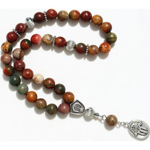 8mm Picasso Jaspe Beads with hand charm Round Shape 33 Prayer Beads Islamic Muslim Tasbih Allah Mohammed Rosary For Men&Women