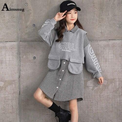 Children Sweet Houndstooth Dress Baby Girls Long Sleeve Dresses Streetwear 2021 Patchwork Knee-Length Skirt Dress Kids Clothing