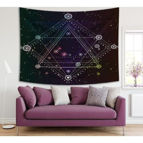Tapestry Hipster Mystic Sacred Triangles Circles on Dark Space Starry Sky Boho Chic Art Black White Purple