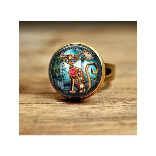 Steampunk Cat Ring Glass Photo Vintage Steampunk Kat Hanger Ring Copper Material Cat Ring For girl