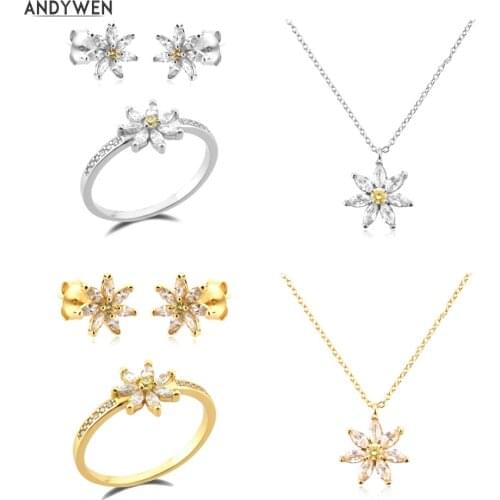 ANDYWEN 925 Sterling Silver Gold Daisy Chrysanthemum Clear Yellow CZ Zircon Charm Stud Earring Choker Necklace Ring Jewelry Set