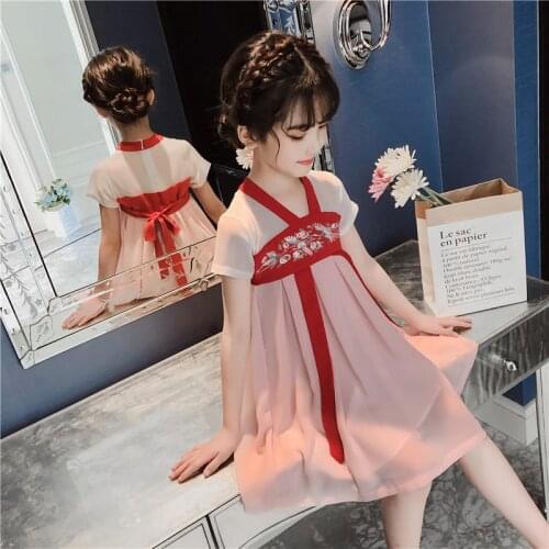 Girls Tang Suits Cheongsam Dress Summer Costumes Hanfu Chiffon Short Sleeve Children Suits Ethnic Style Class Clothes Vestido