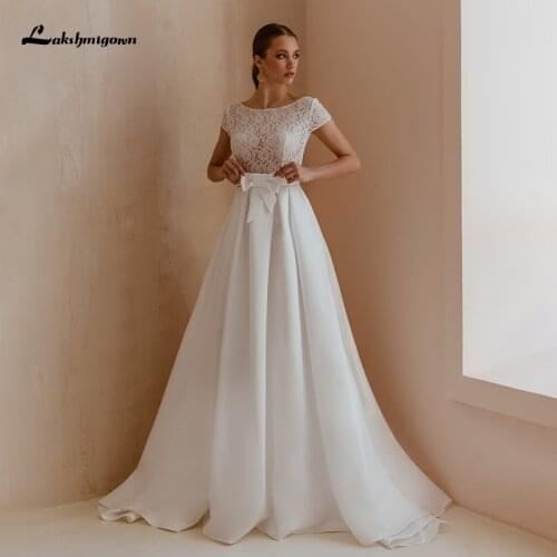 Lakshmigown Beach Wedding Dresses 2021 Scoop Neck Boho Lace Bride Dresses with Bow Sweep Train Vestidos De Noiva Hot Satin Dress