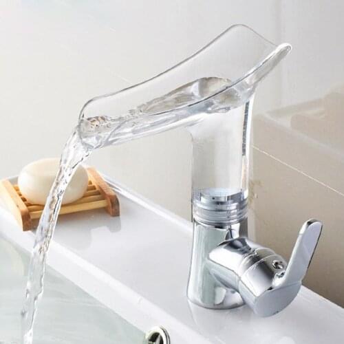Brass waterfall Glass Bathroom Basin Mixer Tap Waterfall Faucet Sink Vessel Chrome Polished Finish