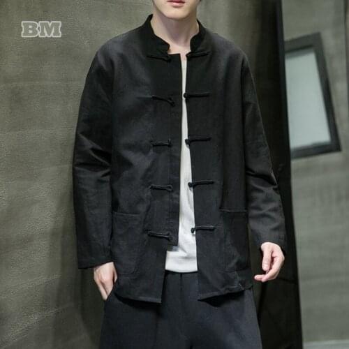 Chinese Style Linen Shirt Loose Plus Size Long Sleeve 2021 Spring Autumn Retro Kung Fu Tang Suit Men Clothing Tai Chi Casual Top