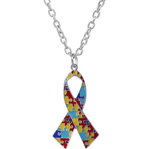 Large-size metal autism ribbon pendant necklace enamel charm jewelry AIDS prevention gift necklaces can be wholesale