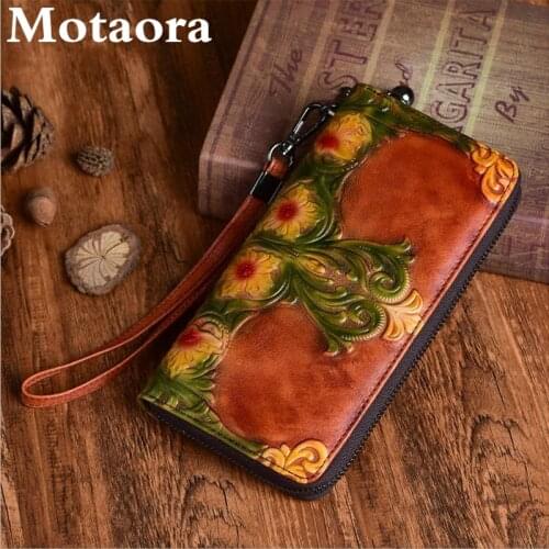 Motaora Womens Wallet Genuine Leather Luxury Wallets Vintage Embossed Long Size Clutch Bag Handmade Fashion Card Holder Female