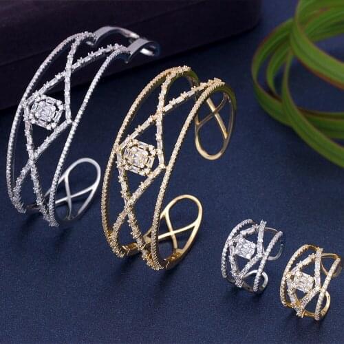 BRIDE TALK Luxury High Quality Micro Paved Baguette Cubic Zircon Adjustable Bangle Ring Sets Classic Trendy Party Jewelry