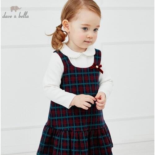 DB14871-2 dave bella autumn baby girls princess bow plaid strap dress lolita party suspenders dress toddler children clothes