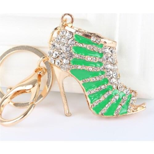 Green High Heels Shoe Pendant Charm Rhinestone Crystal Purse Bag Keyring Key Chain Accessories Wedding Party Lover Gift