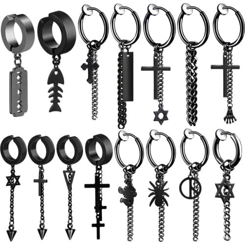 Fashion Popular Stainless Steel Clip Cuff Earrings Skull Cross Star Tassel For Women Men Hip Hop Jewelry Gifts 2pieces/1 Pair