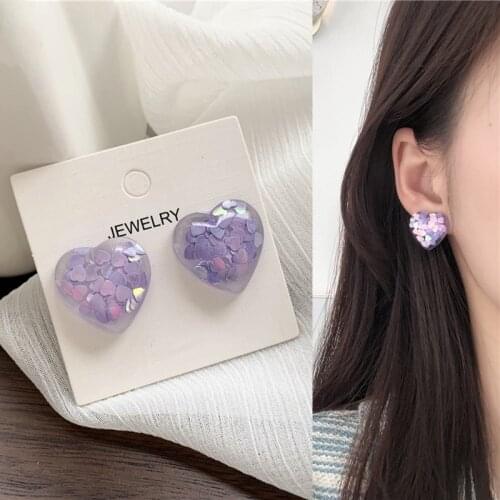 Romantic Purple Sequin Filling Heart Drop Earrings Korean Cute Love Pendent Earrings for Women Girls Lover Kids Ear Jewelry Gift