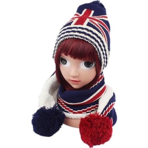 Toddler Kids 3 Pieces Winter Warm Beanie Hat Long Scarf Gloves Set USA American UK British Flag Knitted Pompom Skull Cap
