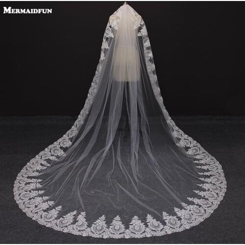 MERMAIDFUN One Layer Lace Edge Mantilla Cathedral Wedding Veils With Comb Long Bridal Veil Velo De Novia