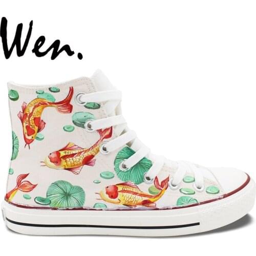 Wen Men Womens Hand Painted Shoes Design Custom Cyprinus Carpio High Top Canvas Sneakers Platform Gym Trainer Laced Plimsolls