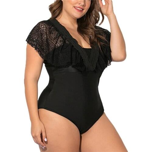 Xingqing Plus Size Womens Solid Push Up One-piece Swimsuit Ruffled Lace Sleeve Deep V-neck Swimwear High Waist Bathing Suit