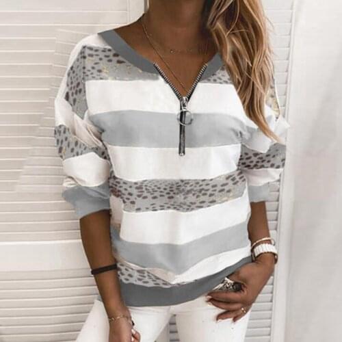 Women Stripe Leopard Patchwork Sweatshirt Zipper Long Sleeve Blouse Pullover hoodies women 2020