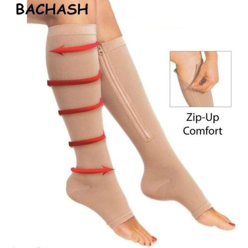 BACHASH 2 Pair Womens Slim Sleeping Beauty Leg Shaper Compression Stocking Zipper Leg Support Knee Stockings Beige Black S-L