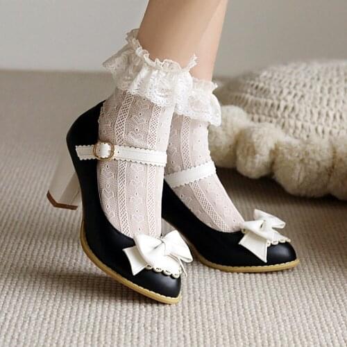 34-48 Womens Round Toe Lace Japanese Mary Janes Bowknot Lolita Pumps Chunky Heel Shoes Sweet Plus Size 4Colors Cosplay
