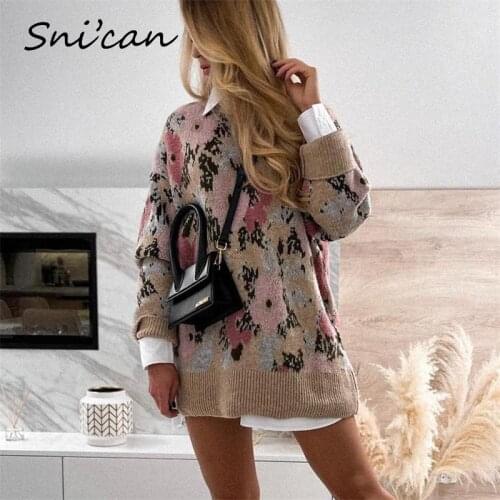 Za Floral Long Sweater Za 2021 Women Fashion Loose Casual Knitted Pullover Femme Jumper Mujer Autumn Winter Chic Tops Robe Pull