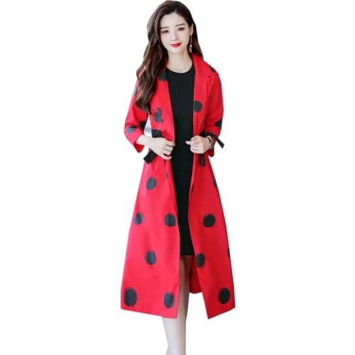 Womens Long Coat 2019 Spring New Dot Print Jacket Autumn Fashion Elegant Temperament Lace Windbreaker Ladies Coat A245
