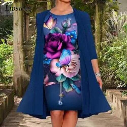 Vintage Knee Dress Fashion Long Sleeve Shawl Coat Women O Neck Elegant Party Dress 2021 Autumn Casual Floral Print Loose Dress