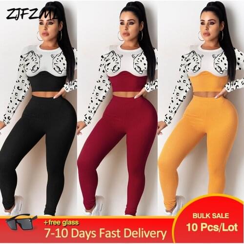 Bulk Items Wholesale Lots Womens Clothing 2 Two Piece Suit Leopard Spliced Crop Top+stretch Sheath Legging Female Sweatsuits