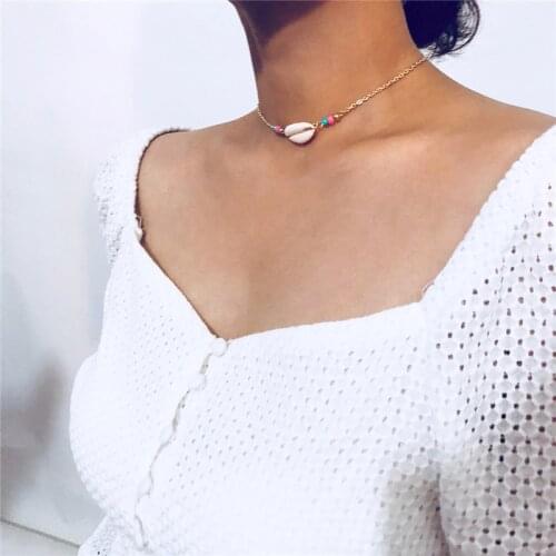 Bohemian Gold Color Rhinestone Shell Choker Pendant Necklace for Women Simple Charming Bead Jewelry Beach Outfits Collares New