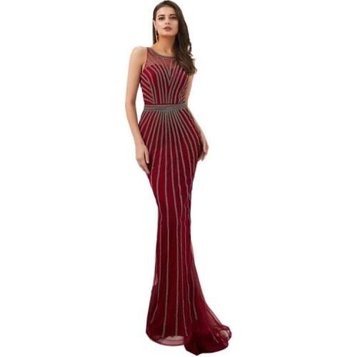 Elegant Tulle O-Neck Mermaid Fishtail Sequined Sash Floor Length Sleeveless Long Trumpet Evening Dress robe de soiree 55302