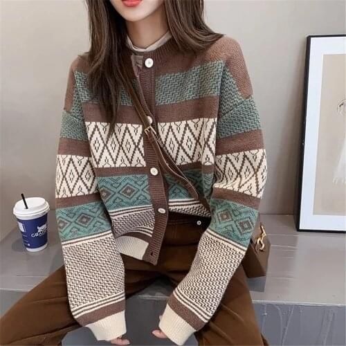 Vintage Sweaters Women Retro All-Match Basic Fall Ulzzang Cropped Cardigan Chic Acrylic Loose College Leisure Ladies Knitwear