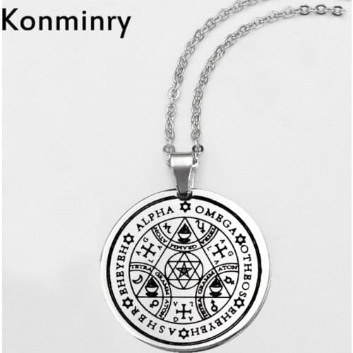 Konminry Sigil Magic Wicca Stainless Steel Necklace Round Pendant Seals Of The Seven Archangels Greek Alphabet Jewelry Gifts