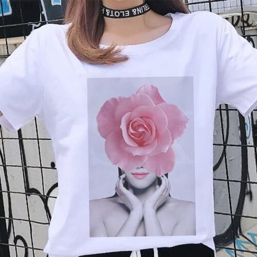 Fashion beauty flower printing T-shirt summer Harajuku plus size womens tops T shirt casual short-sleeved O-Neck Female Tshirt