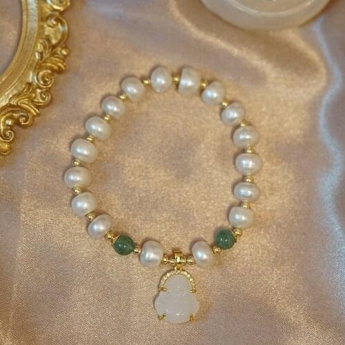 Handmade Women Fashion Bracelet Women Girl Jewelry Natural Pearl Buddha Statue Blessing Character