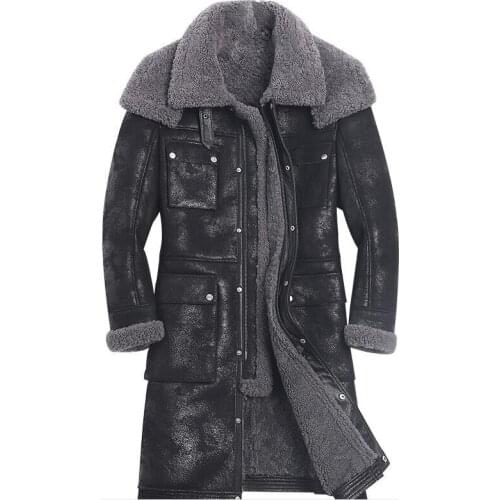 Original ecological fur one male Genuine Leather Jacket Mens Winter Double fur collar lamb long coat Burst sheepskin jacket men