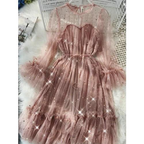 2021 New Female O-neck Stars Sequined Mesh Shiny Fairy Dress Women Elegant Bling Gauze Princess Puff Dresses Vestidos De Fiesta