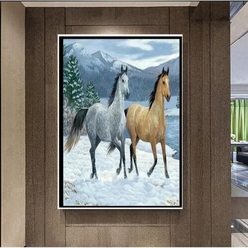 New 5D diamante redondo bordado caballo de invierno DIY punto de cruz pintura de diamante Navidad animal decoración del hogar