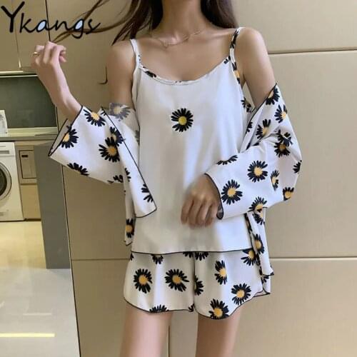 New Women Printed Pajamas Sling Coat High-waist Shorts Three-piece Suit Korean Style Home Sexy Casual Shorts Summer Ladies Suit