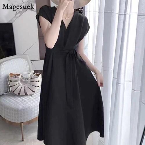 Plus Size Lace Up Black Womens Dress 2021 Short Sleeve Summer Dress Midi V-neck Loose Elegant Casual Party Dresses Robes 15232