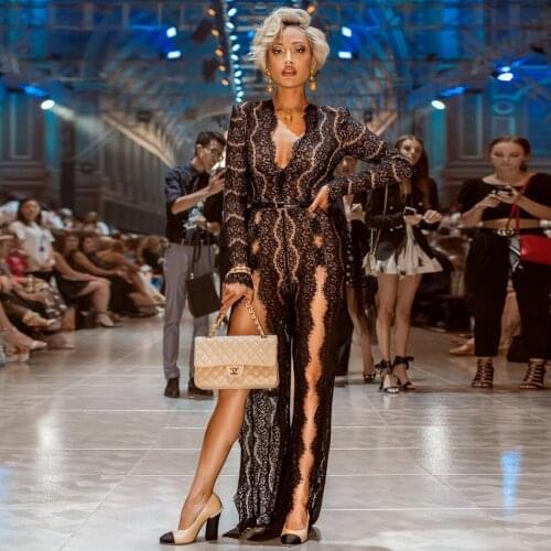 Seductive Lace Cut Out V Neck Wave Long Sleeve Long Leg Front Slit Unique Jumpsuit