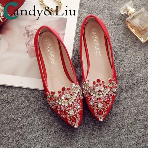 Rhinestone Wedding Shoes Womens Chunky Low Heel Shallow Pointed Red Pregnant Bride Shoes Semi-High Heeled Shoes Small Size