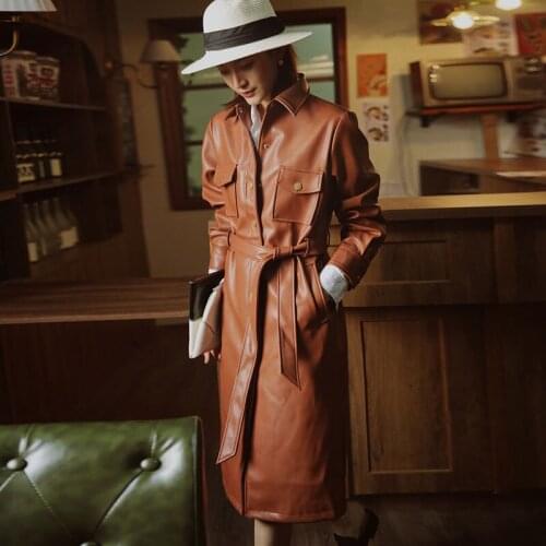 2020 Spring and Autumn Pu Leather Trench Coat for Women Brown Long Coat Casual Retro Windbreaker Clothes