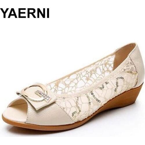 YAERNI2021 New Fish Mouth Cowhide Lace Summer Leather Sandals Large Size Metal Rhinestone Casual Sandals Women Shoes Flat Sandal