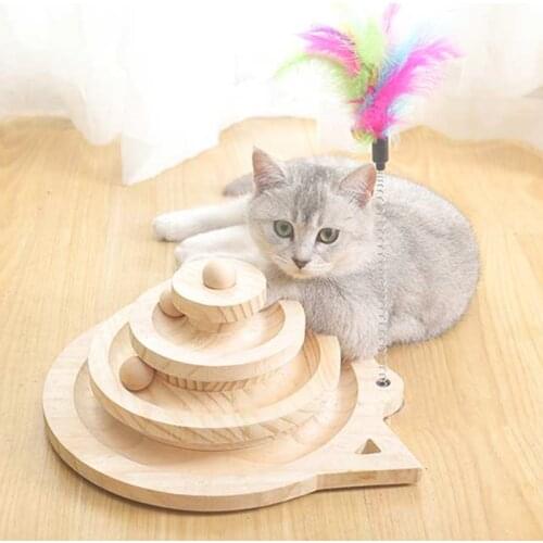 Funny Wooden Cat Ball Toys Three Levels Cat Crazy Ball Disk With Interactive Stick Triple Play Discs For Kitten Cat Tower Tracks